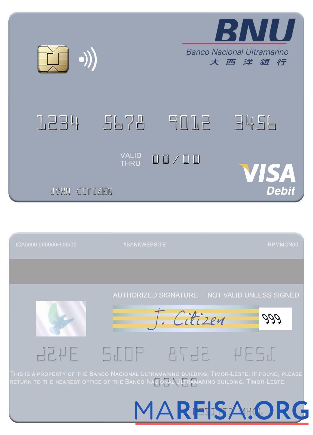 Blank Timor Leste Banco Nacional Ultramarino building visa debit card example